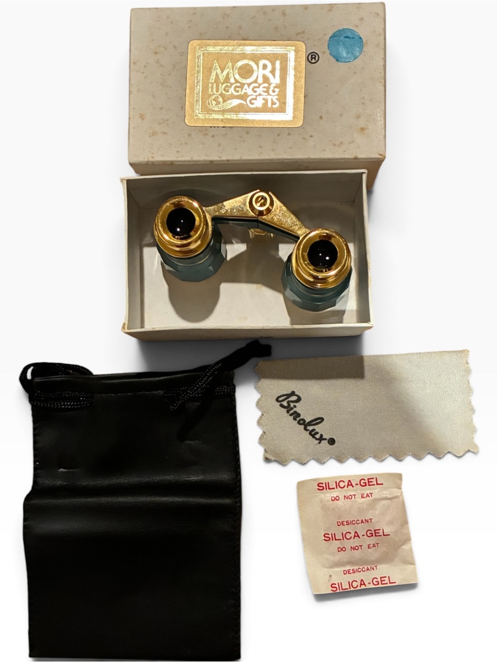 Binolux Vintage opera glasses. Turquoise/gold. Original box and accessories.